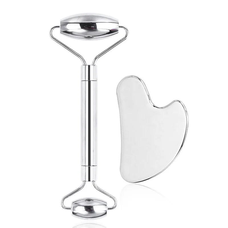 Colletion: 6-piece facial cleansing tool set, including a stainless steel scraping board, ice roller, cloth bag, e much more.