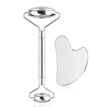 Colletion: 6-piece facial cleansing tool set, including a stainless steel scraping board, ice roller, cloth bag, e much more.