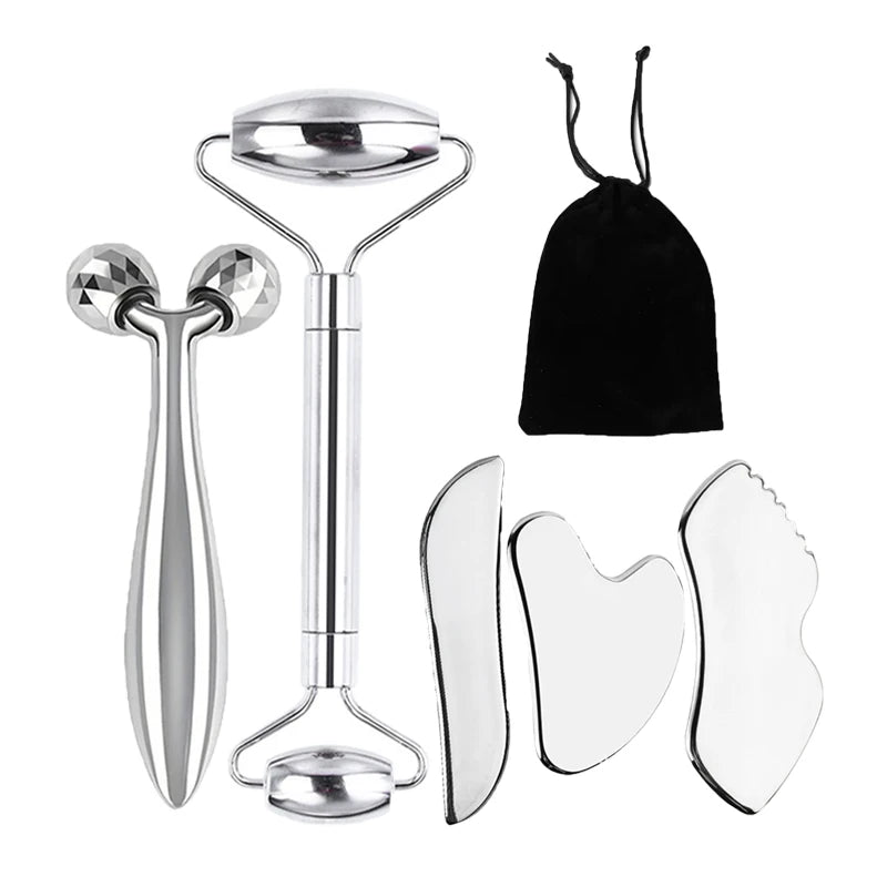 Colletion: 6-piece facial cleansing tool set, including a stainless steel scraping board, ice roller, cloth bag, e much more.