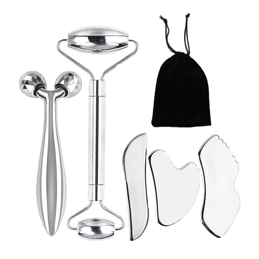 Colletion: 6-piece facial cleansing tool set, including a stainless steel scraping board, ice roller, cloth bag, e much more.