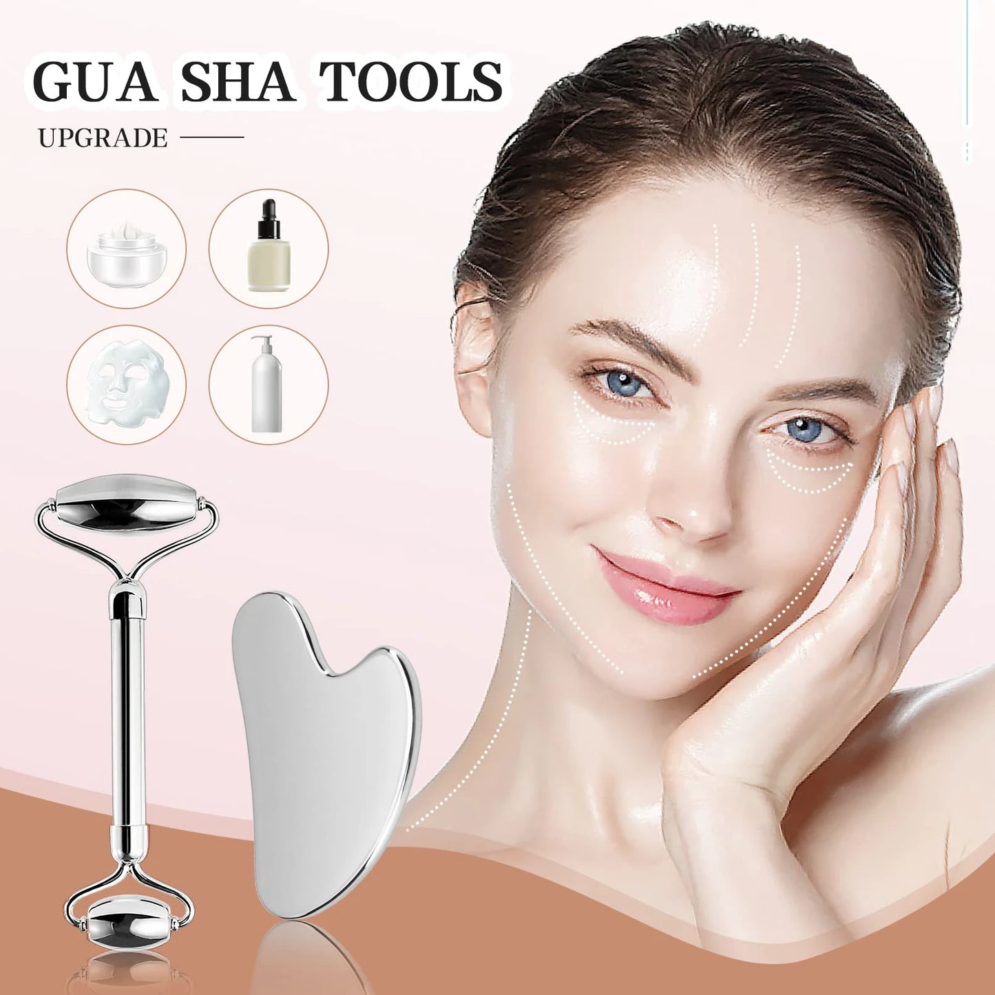 Colletion: 6-piece facial cleansing tool set, including a stainless steel scraping board, ice roller, cloth bag, e much more.