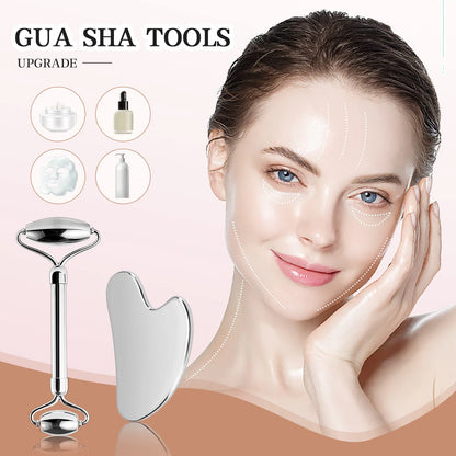 Colletion: 6-piece facial cleansing tool set, including a stainless steel scraping board, ice roller, cloth bag, e much more.