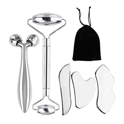 Colletion: 6-piece facial cleansing tool set, including a stainless steel scraping board, ice roller, cloth bag, e much more.